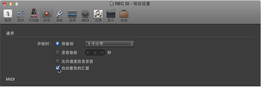 图。 选择“录音”项目设置面板中的“自动着色汇整”。