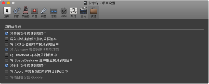 图。 “资源项目设置”面板。