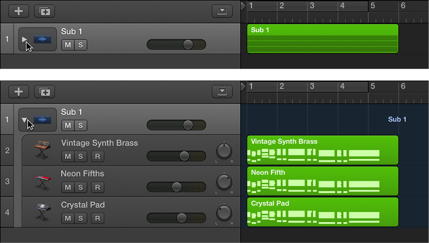 图。 显示三角形关闭和打开的 Track Stack。