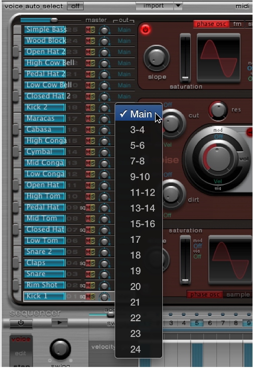 图。 显示乐器输出弹出式菜单的 Ultrabeat 插件窗口。
