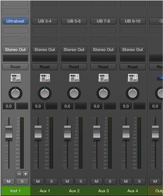 图。 分配至 Ultrabeat 多输出乐器的辅助通道条。