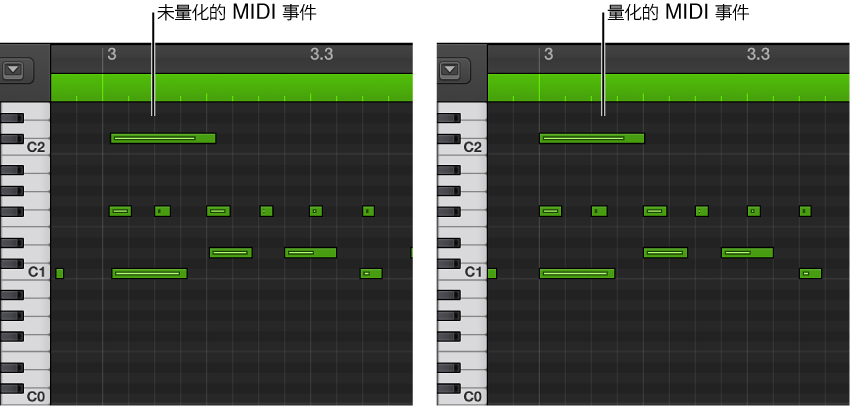 图。 显示钢琴卷帘中未量化和已量化的 MIDI 事件的一对图像。