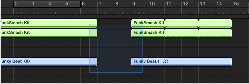 图。 显示彼此之间存有间隙的多个所选片段的“轨道”区域。