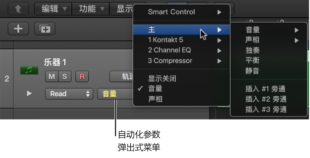 图。 显示打开的“自动化参数”弹出式菜单。