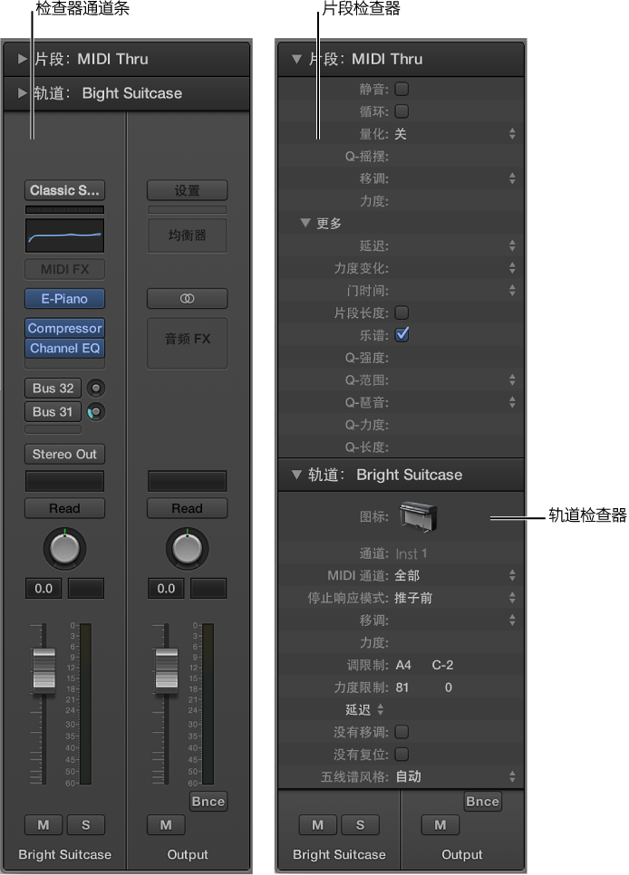 图。 检查器，显示片段检查器、轨道检查器和检查器通道条。