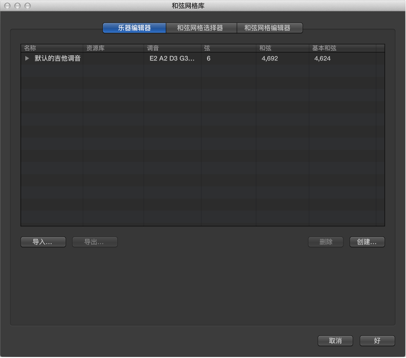 图。 和弦网格库窗口中的“乐器编辑器”面板。