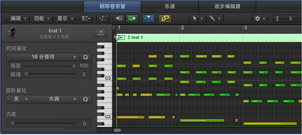 图。 量化钢琴卷帘编辑器中的音符。