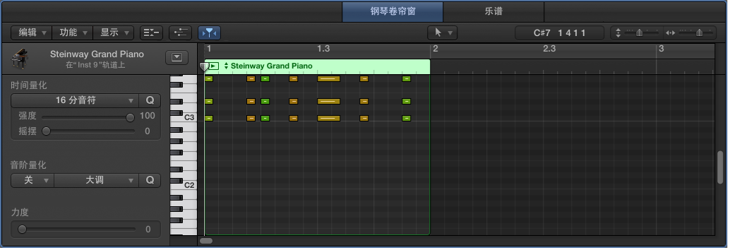 图。 显示带有音符事件的 MIDI 片段的钢琴卷帘编辑器。