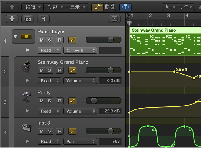 图。 在“轨道区域”中打开的 Track Stack，显示概览和自动化曲线。