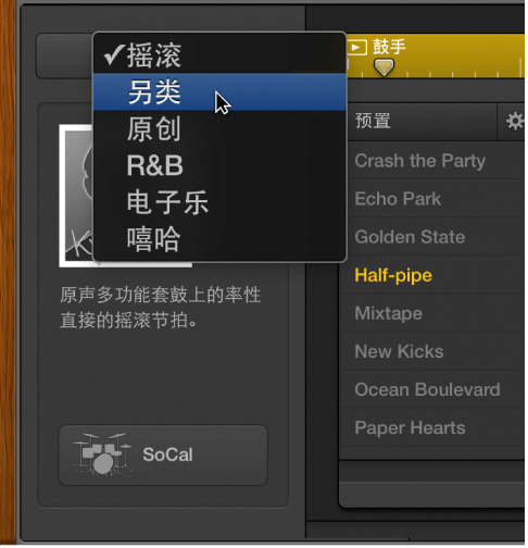 图。 显示“类型”弹出式菜单的鼓手编辑器。