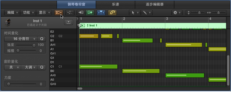 图。 钢琴卷帘编辑器，指示了“折叠模式”按钮。