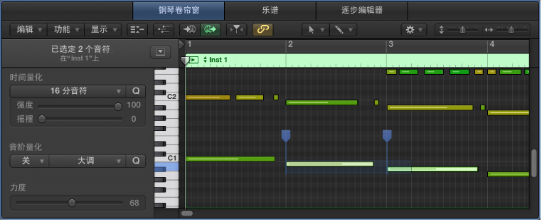 图。 显示有 Flex 标记的钢琴卷帘编辑器。