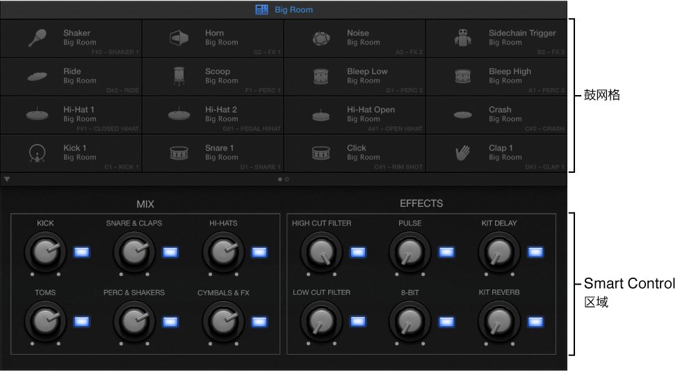 图。 Drum Machine Designer 显示了鼓网格和 Smart Control 区域。