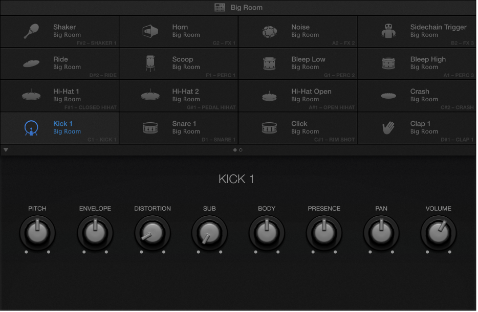 图。 显示脚鼓 1 Smart Control 的 Drum Machine Designer。