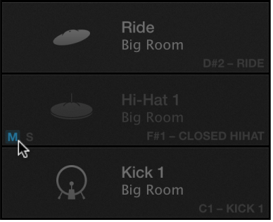 图。 显示鼓件已静音的 Drum Machine Designer。