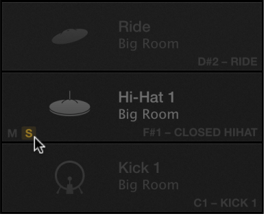 图。 显示鼓件已独奏的 Drum Machine Designer。