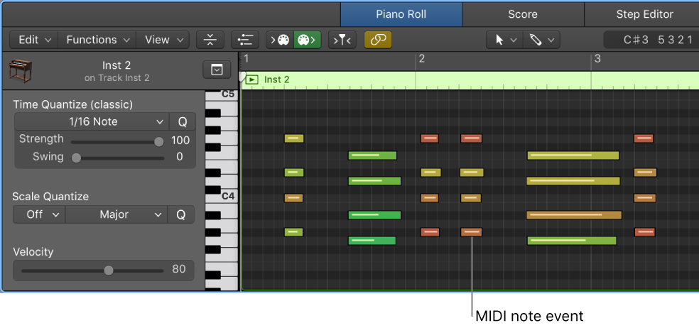 Figure. Piano Roll Editor, pointing out MIDI note event.