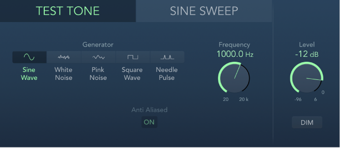 Figure. Test Oscillator window, showing Test Tone parameters.