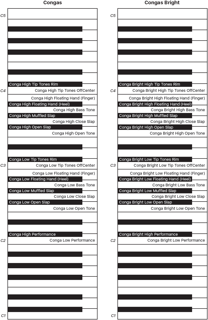 Figure. Congas and Congas Bright performance keyboard maps.