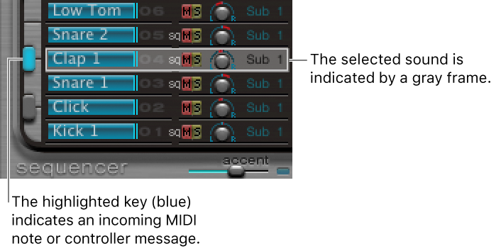 Figure. Assignment section, showing a selected sound and a triggered sound.