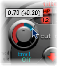 Figure. Cutoff knob, showing adjustment to Mod menu parameter value.