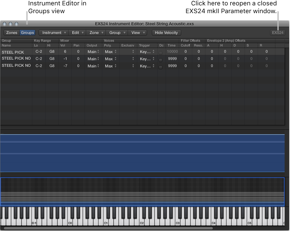 Figure. Instrument Editor showing Groups view.