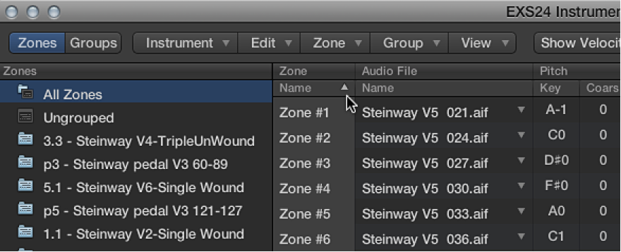 Figure. Instrument Editor showing Zone column being sorted.