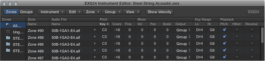 Figure. Instrument Editor showing zone parameter columns.