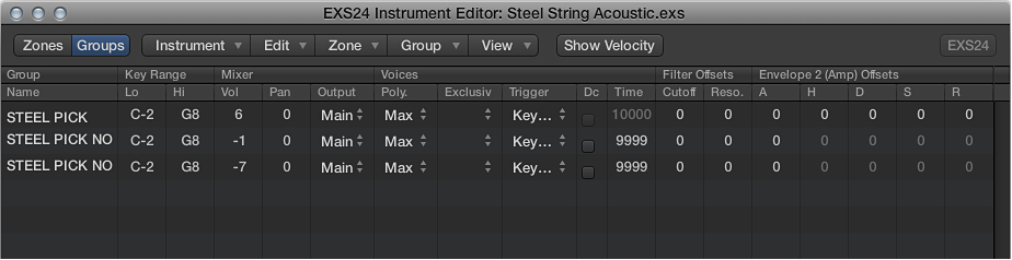Figure. Instrument Editor showing Group parameter columns.