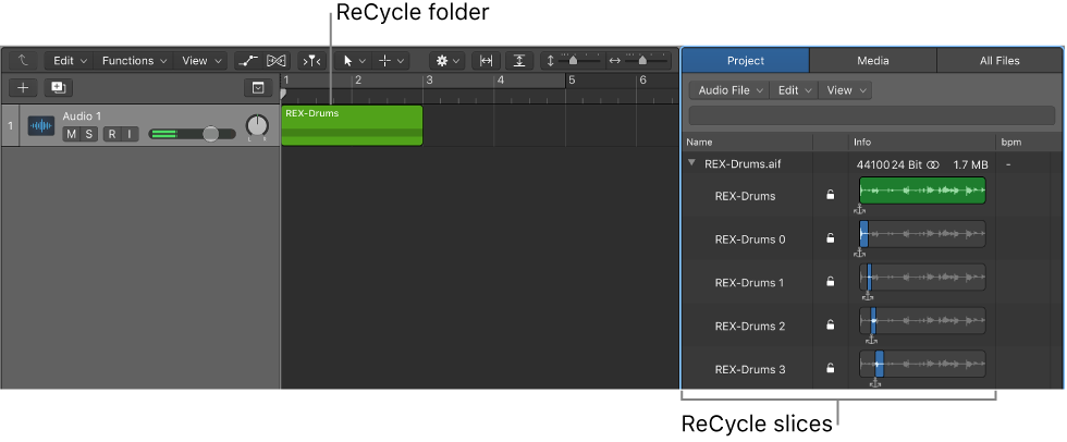 Figure. ReCycle folder in the Tracks area and ReCycle slices in the Project Audio Browser.