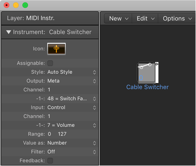 Figure. Environment window showing a cable switcher object and its inspector.