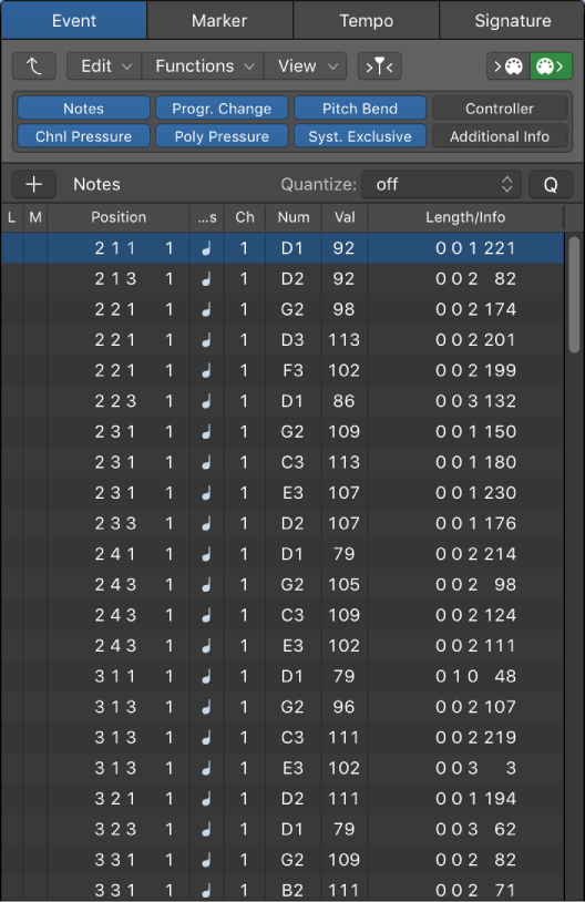 Figure. Event List pane showing MIDI controller type pop-up menu.