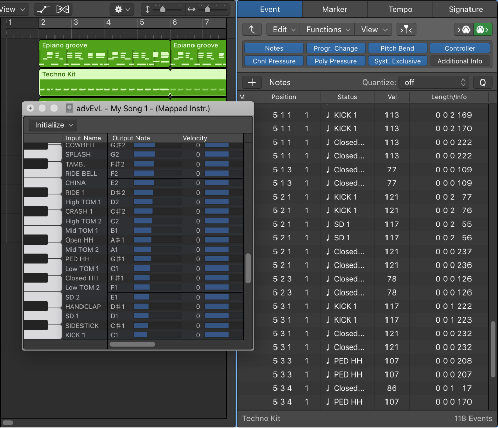 Figure. Mapped Instrument window showing mapped instrument note names in Event List.