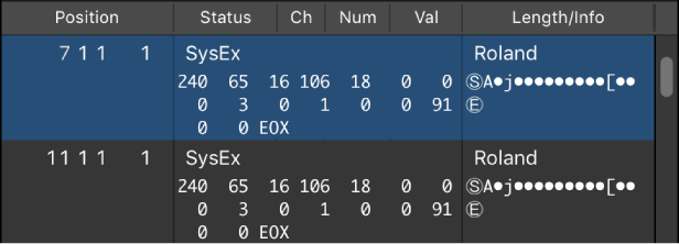 Figure. Event List showing sysex events.