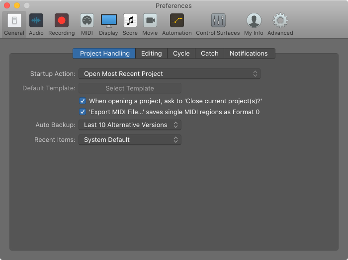 Figure. General Project Handling preferences.