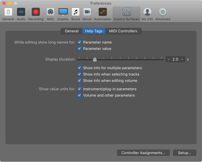 Figure. Control Surfaces Help Tag preferences.