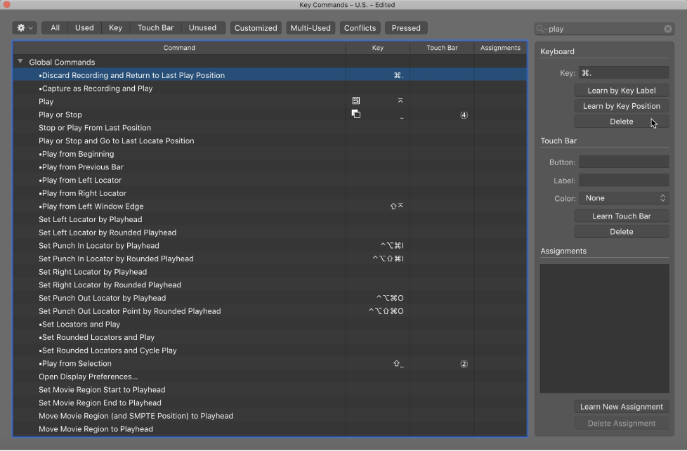 Figure. Deleting a keyboard shortcut assignment.
