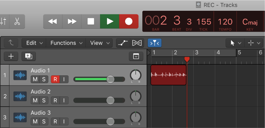 Figure. Showing a recorded audio region in red in the Tracks area.