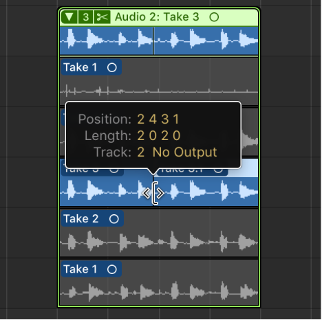 Figure. Dragging between two adjacent take selections.