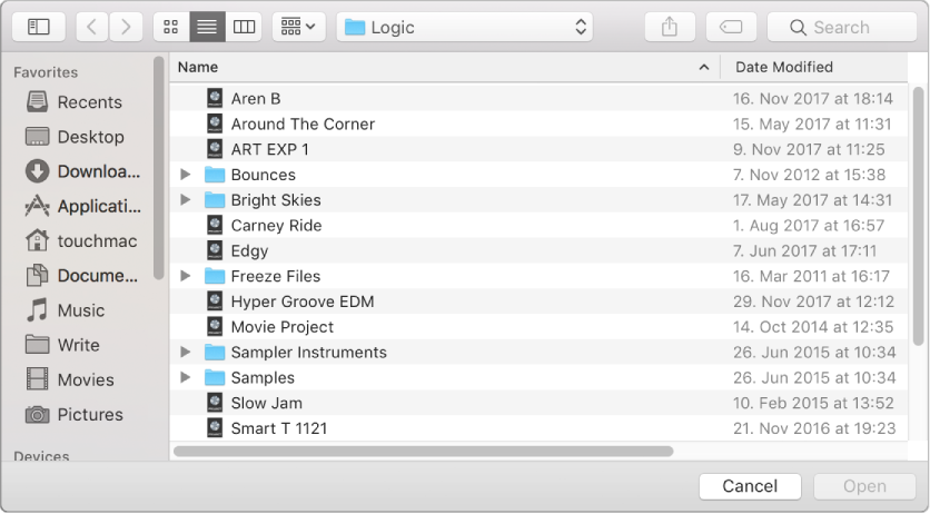 Figure. Open dialog, showing browsing to a project.