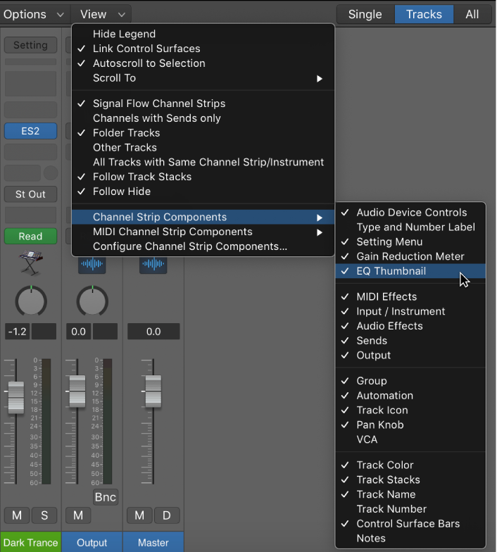 Figure. Channel Strip Components submenu of the Mixer View menu.