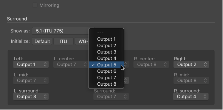 Figure. Output pop-up menu in Surround preferences.