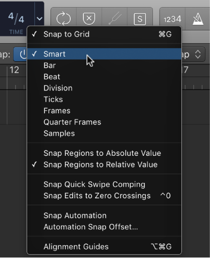 Figure. The Snap pop-up menu for the Tracks area.