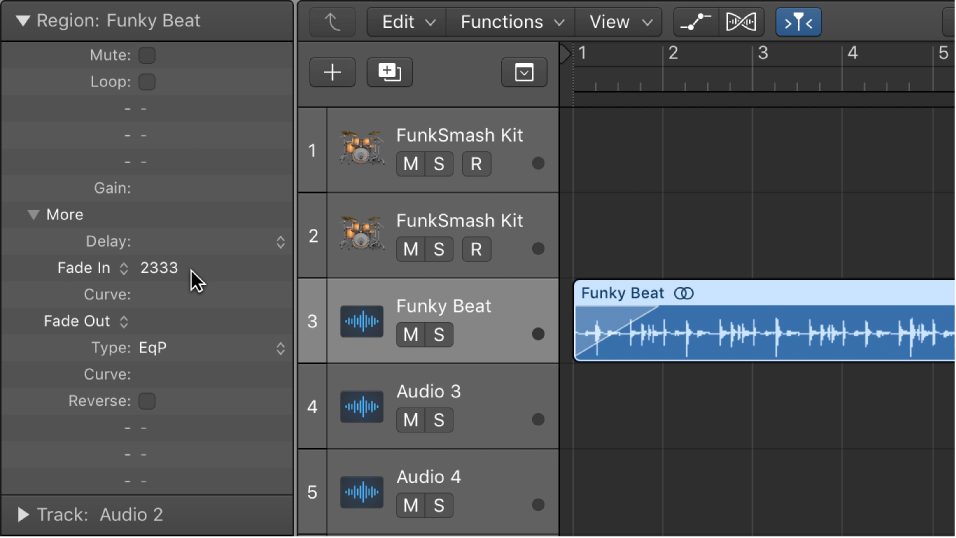 Figure. Fade In parameter in the Region inspector, also reflected in Arrange area.