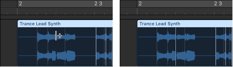 Figure. Audio region showing flex marker creation at position where no transient marker exists.