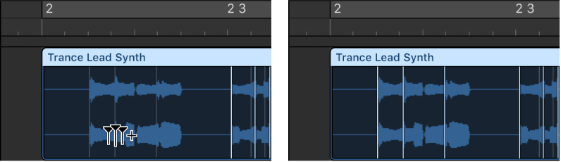 Figure. Audio region showing the creation of three flex markers.
