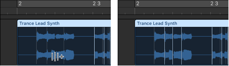Figure. Audio region showing the creation of three flex markers.