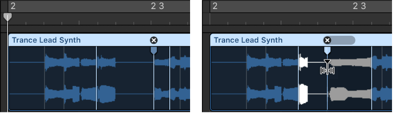 Figure. Two audio regions showing the region before and after a flex marker is moved to the left.