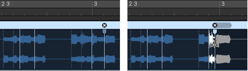 Figure. Two audio regions showing the region before and after a flex marker is moved to the left and overlaps the previous flex marker.