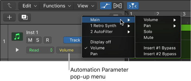 Figure. Showing the Automation Parameter pop-up menu open.